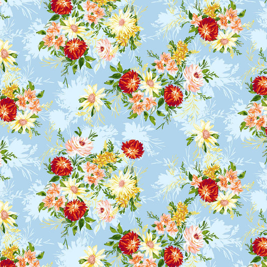 P-527-586-SKY-BLUE-YELLOW - PRINTED CREPE CHIFFON 97% POLY 3% SPANDEX