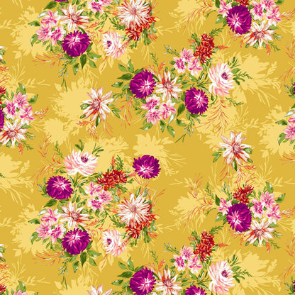 P-527-586-SUNNY-GOLD-CORAL - PRINTED CREPE CHIFFON 97% POLY 3% SPANDEX