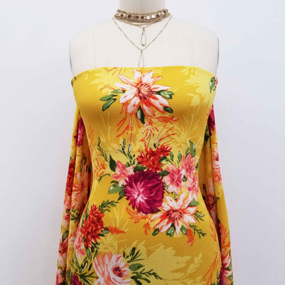 P-527-586-SUNNY-GOLD-CORAL - PRINTED CREPE CHIFFON 97% POLY 3% SPANDEX