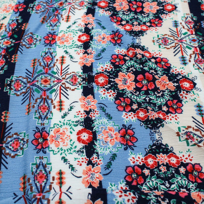 P-528-636-DK-NAVY-PEACH PRINTED CREPON 100% RAYON CREPON