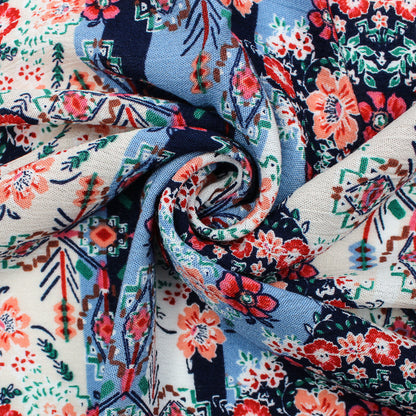 P-528-636-DK-NAVY-PEACH PRINTED CREPON 100% RAYON CREPON