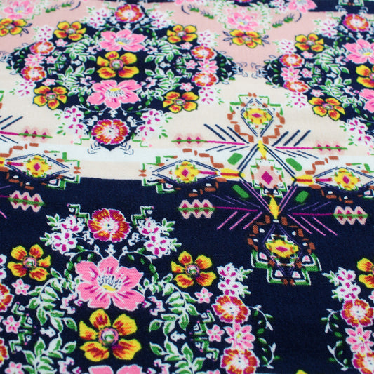P-528-636-NAVY-PINK PRINTED CREPON 100% RAYON CREPON