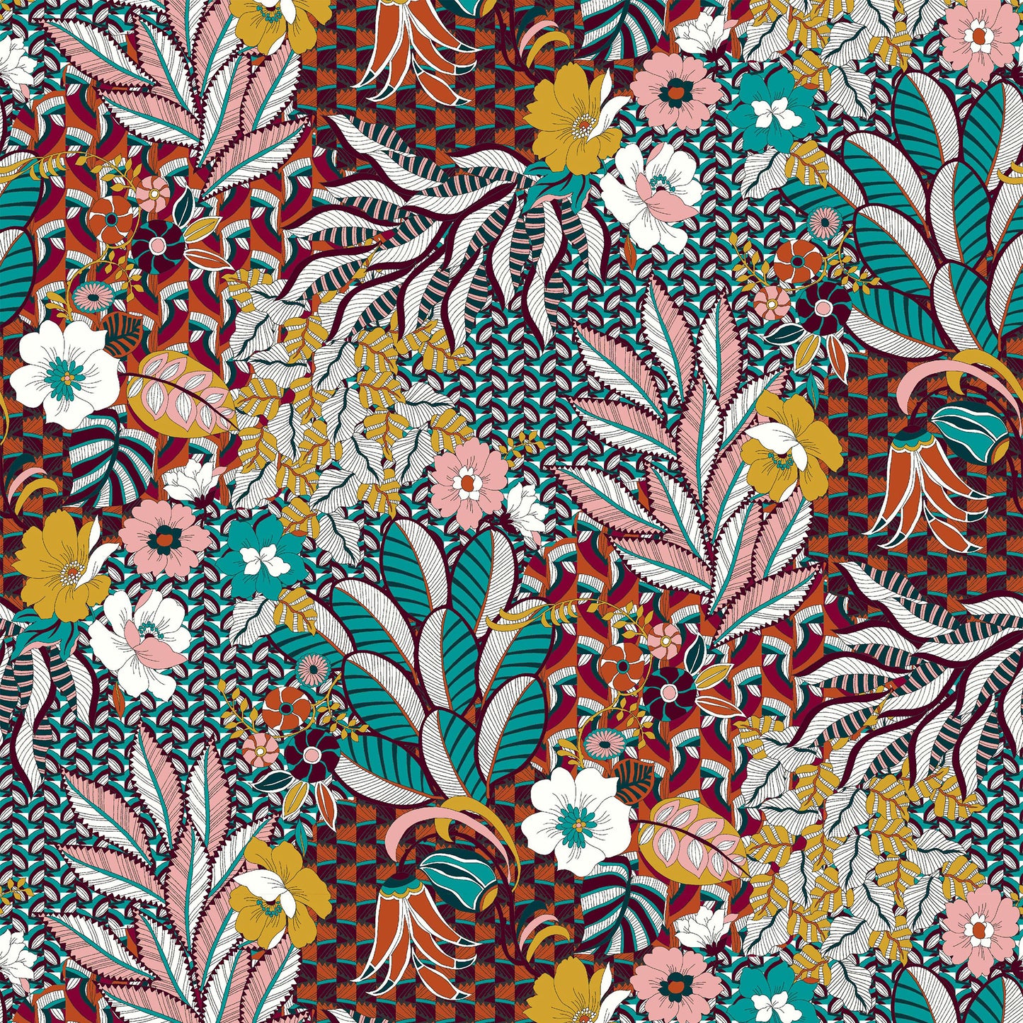 P-596-586-TURQUOISE-GOLDEN-MUSTARD - PRINTED CREPE CHIFFON 97% POLY 3% SPANDEX