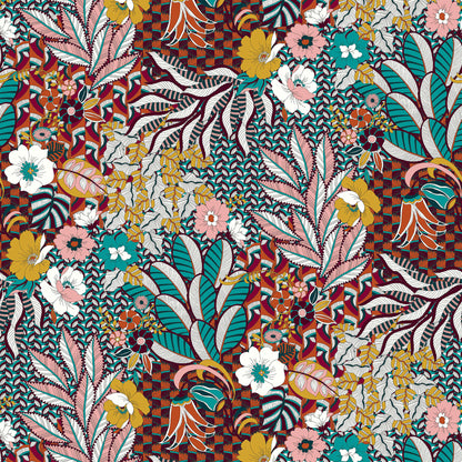 P-596-586-TURQUOISE-GOLDEN-MUSTARD - PRINTED CREPE CHIFFON 97% POLY 3% SPANDEX