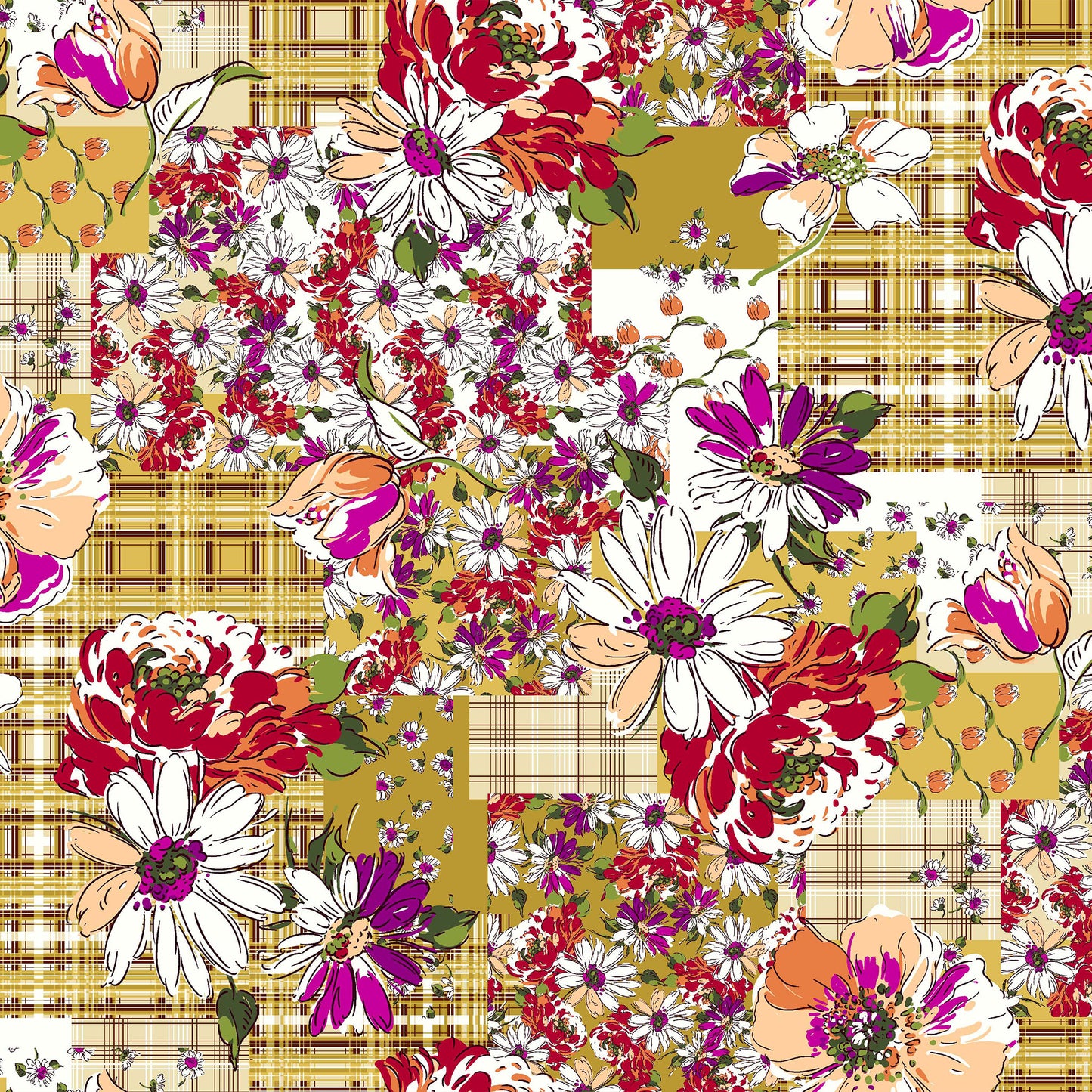 P-597-586-GOLDEN-MUSTARD-PEACH - PRINTED CREPE CHIFFON 97% POLY 3% SPANDEX