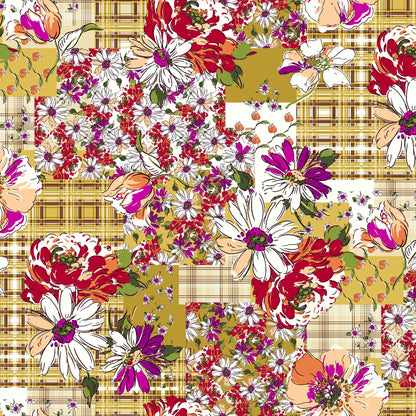 P-597-586-GOLDEN-MUSTARD-PEACH - PRINTED CREPE CHIFFON 97% POLY 3% SPANDEX