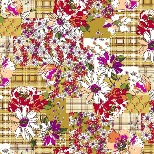 P-597-586-GOLDEN-MUSTARD-PEACH - PRINTED CREPE CHIFFON 97% POLY 3% SPANDEX