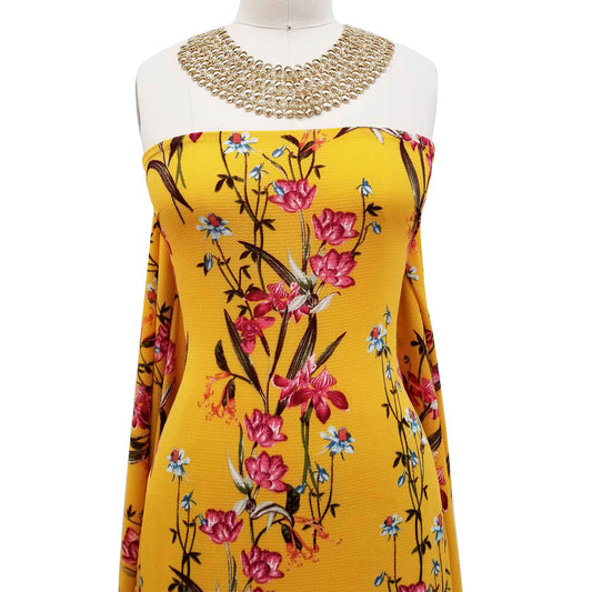 P-607-586-MUSTARD-ROSE - PRINTED CREPE CHIFFON 97% POLY 3% SPANDEX