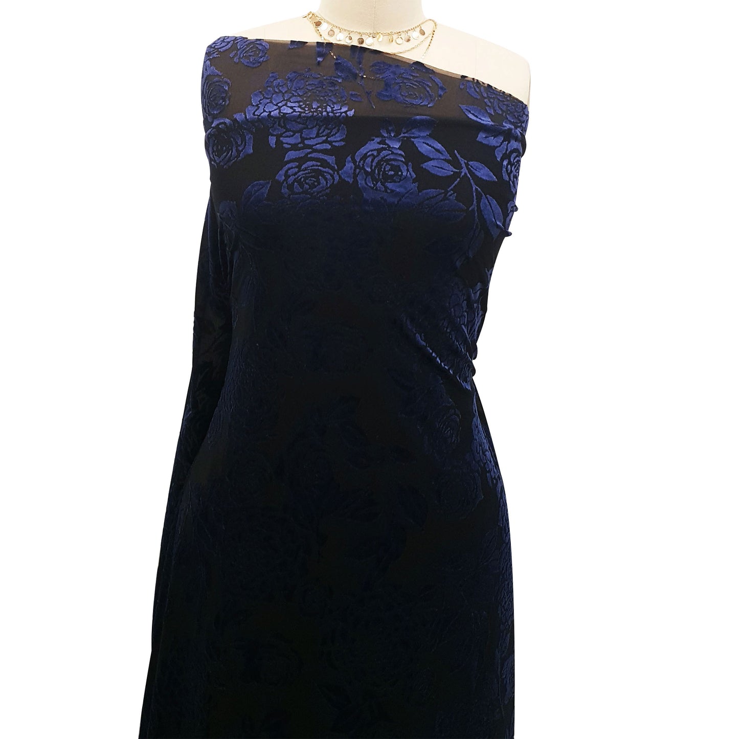 P-613-VELVET-NAVY - PRINTED BURNT-OUT VELVET 68% POLY 24% NYLN 8% SPANDEX