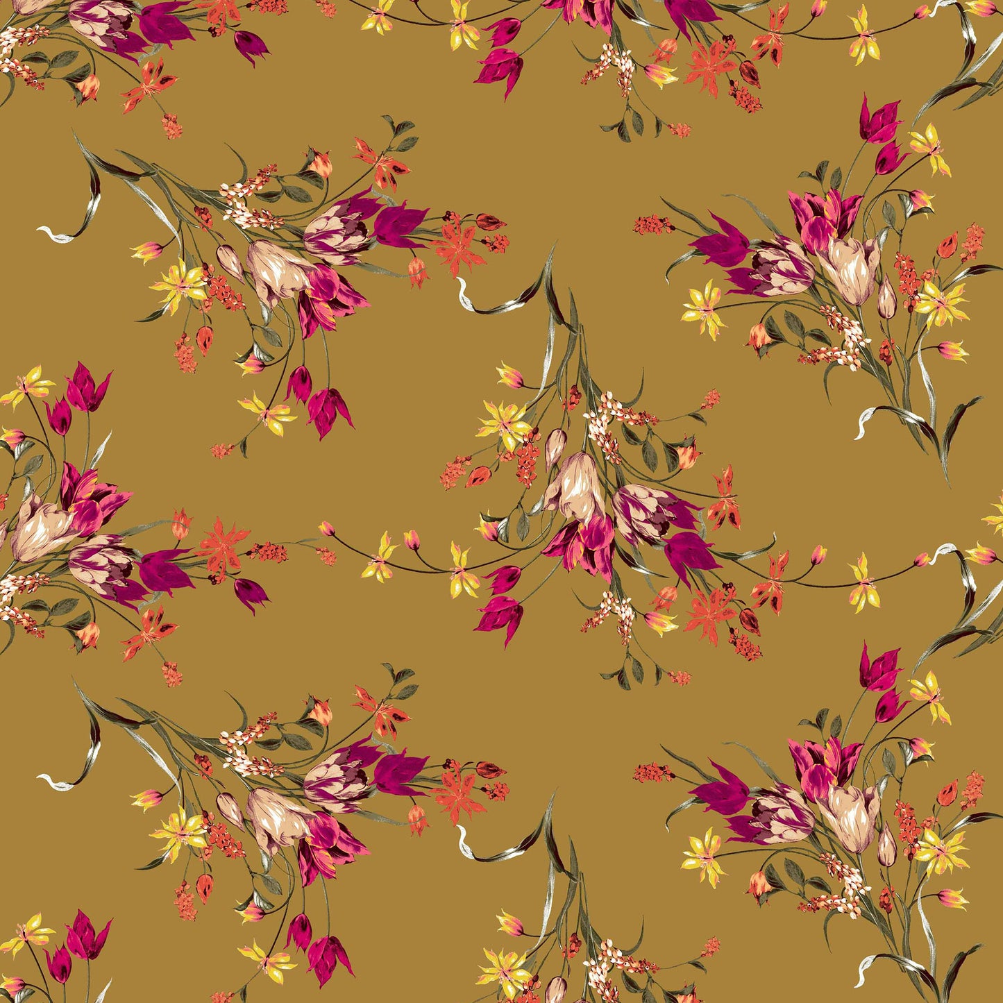 P-623-586-MUSTARD-PINK - PRINTED CREPE CHIFFON 97% POLY 3% SPANDEX