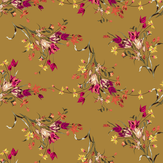 P-623-586-MUSTARD-PINK - PRINTED CREPE CHIFFON 97% POLY 3% SPANDEX