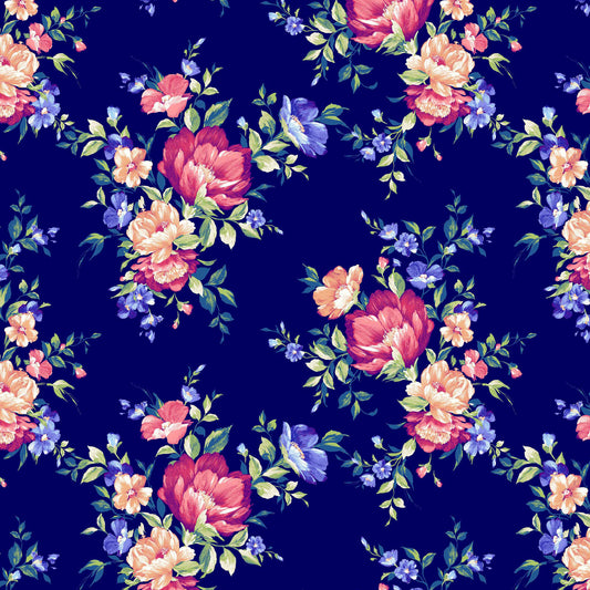 P-630-586-NAVY-CORAL - PRINTED CREPE CHIFFON 97% POLY 3% SPANDEX