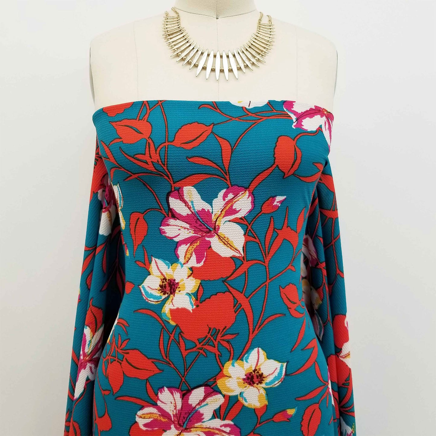 P-665-586-PEACOCK-FUCHSIA - PRINTED CREPE CHIFFON 97% POLY 3% SPANDEX