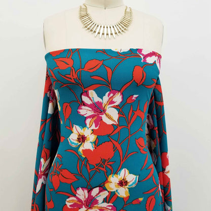 P-665-586-PEACOCK-FUCHSIA - PRINTED CREPE CHIFFON 97% POLY 3% SPANDEX