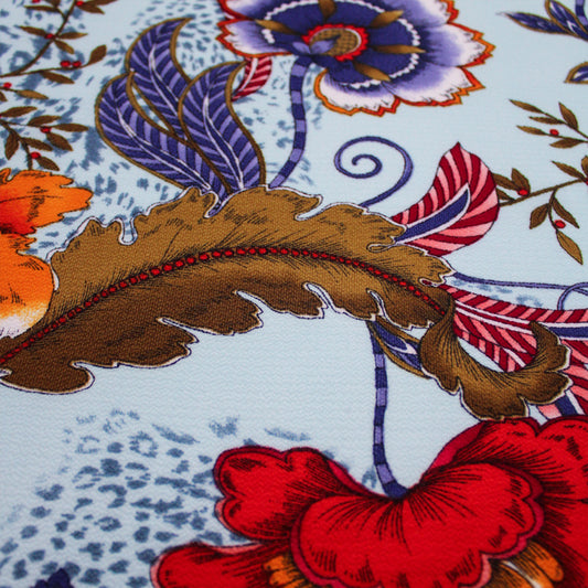 P-690-586-PALE-BLUE-BURNT-ORANGE - PRINTED CREPE CHIFFON 97% POLY 3% SPANDEX