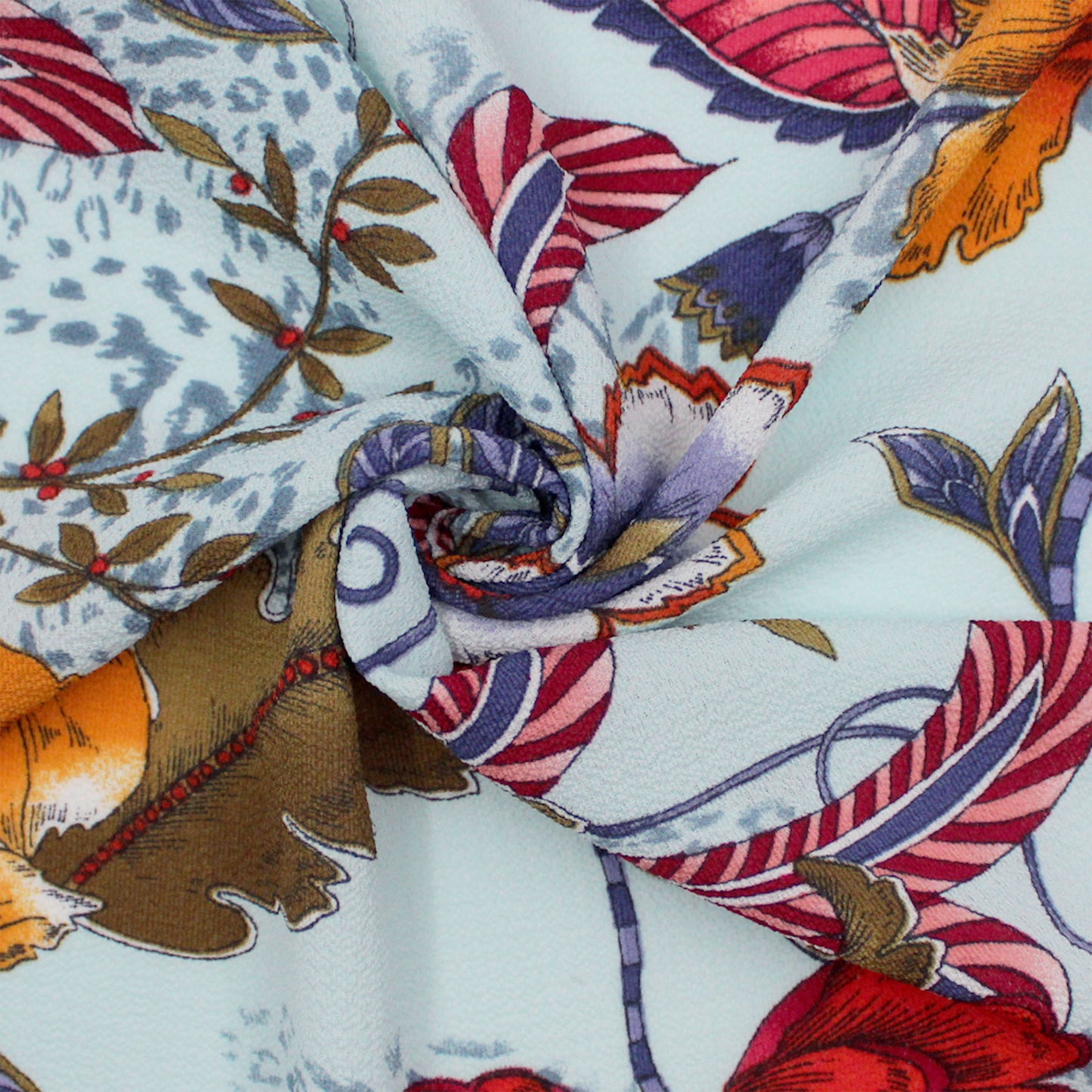P-690-586-PALE-BLUE-BURNT-ORANGE - PRINTED CREPE CHIFFON 97% POLY 3% SPANDEX