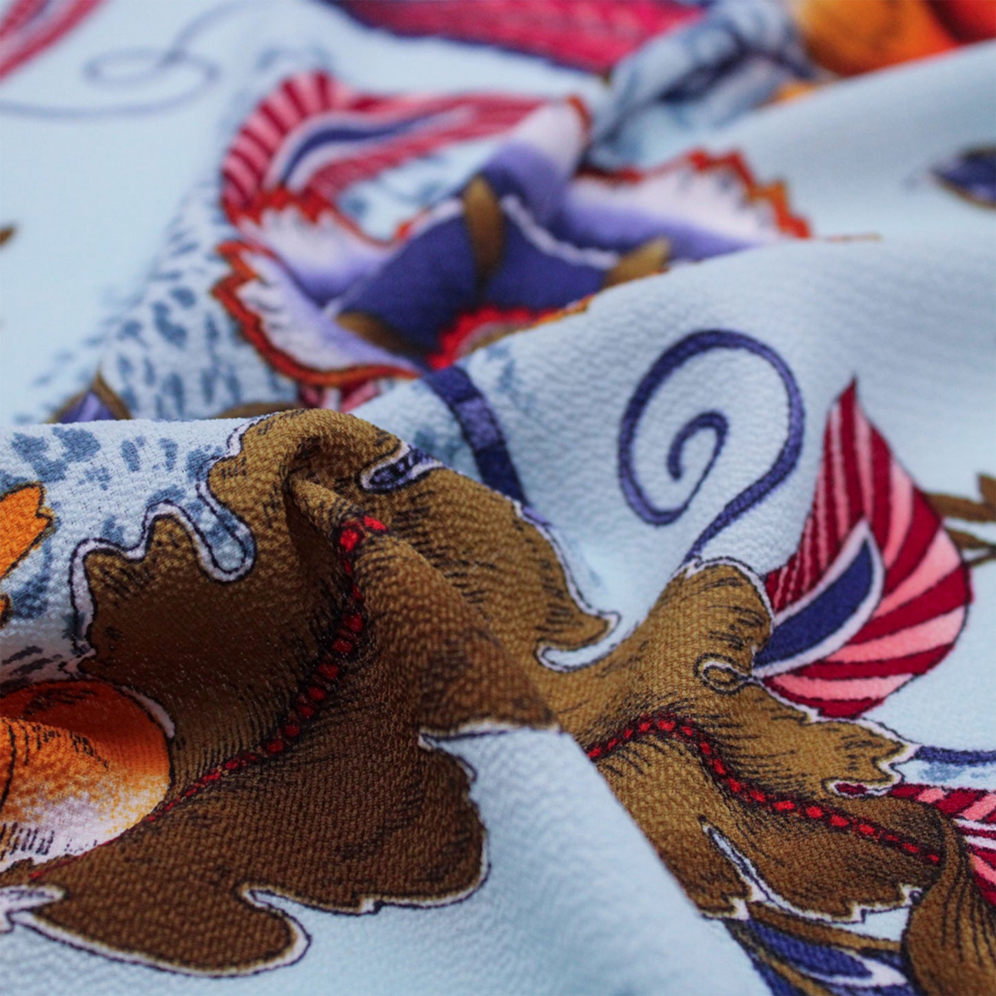 P-690-586-PALE-BLUE-BURNT-ORANGE - PRINTED CREPE CHIFFON 97% POLY 3% SPANDEX
