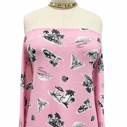 P-836-506-BUBBLE-GUM-PINK-BLACK-PRINTED FRENCH TERRY 63%POLY  33%RAYON  4% SPANDEX