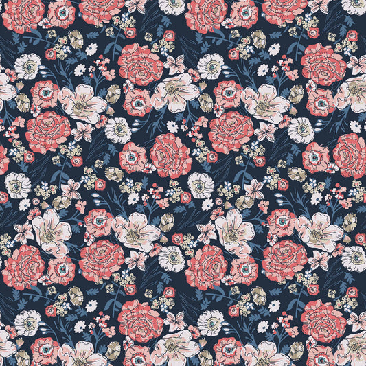 PD-10015-703-NAVY-PEACH - PRINTED TWIST CREPE 92% POLY 8% SPANDEX