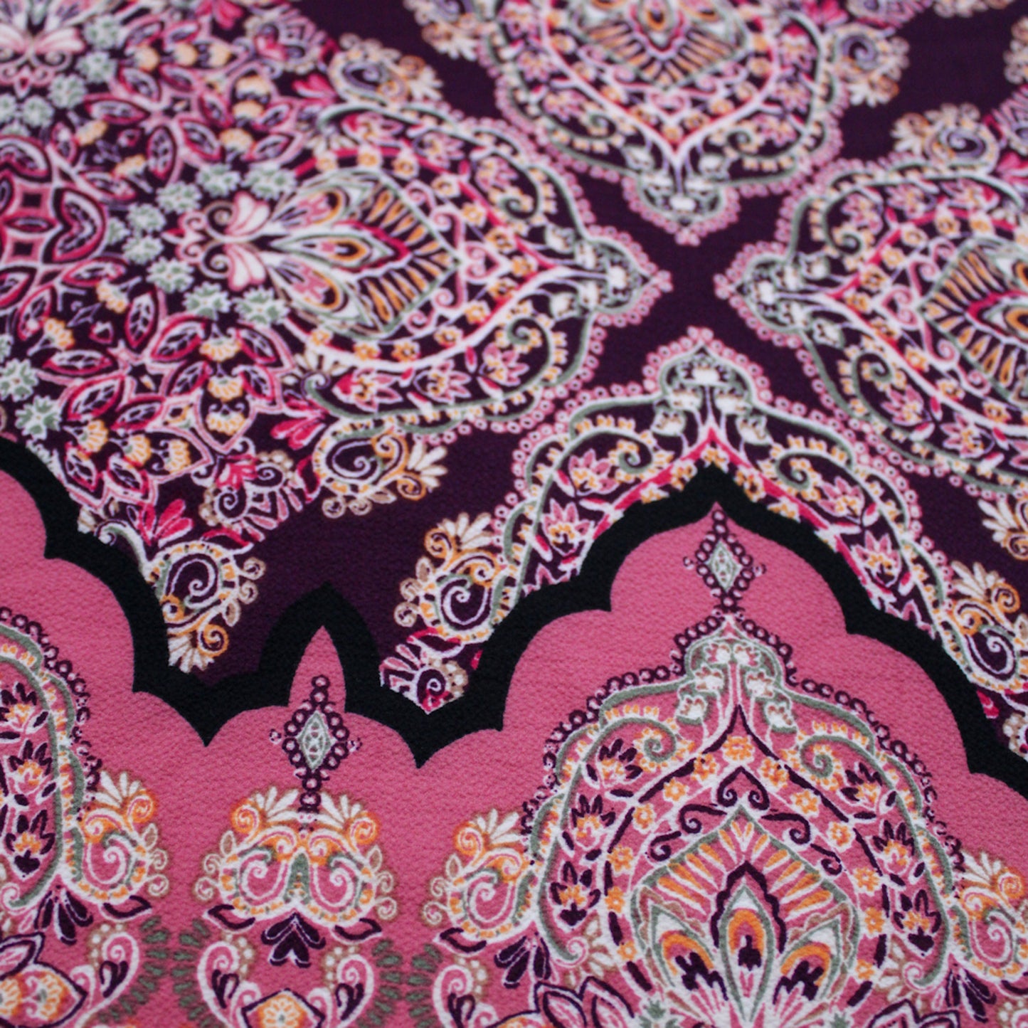 PD-142-586-BURGUNDY-MAUVE - DOUBLE BORDER CREPE CHIFFON 97% POLY 3% SPANDEX