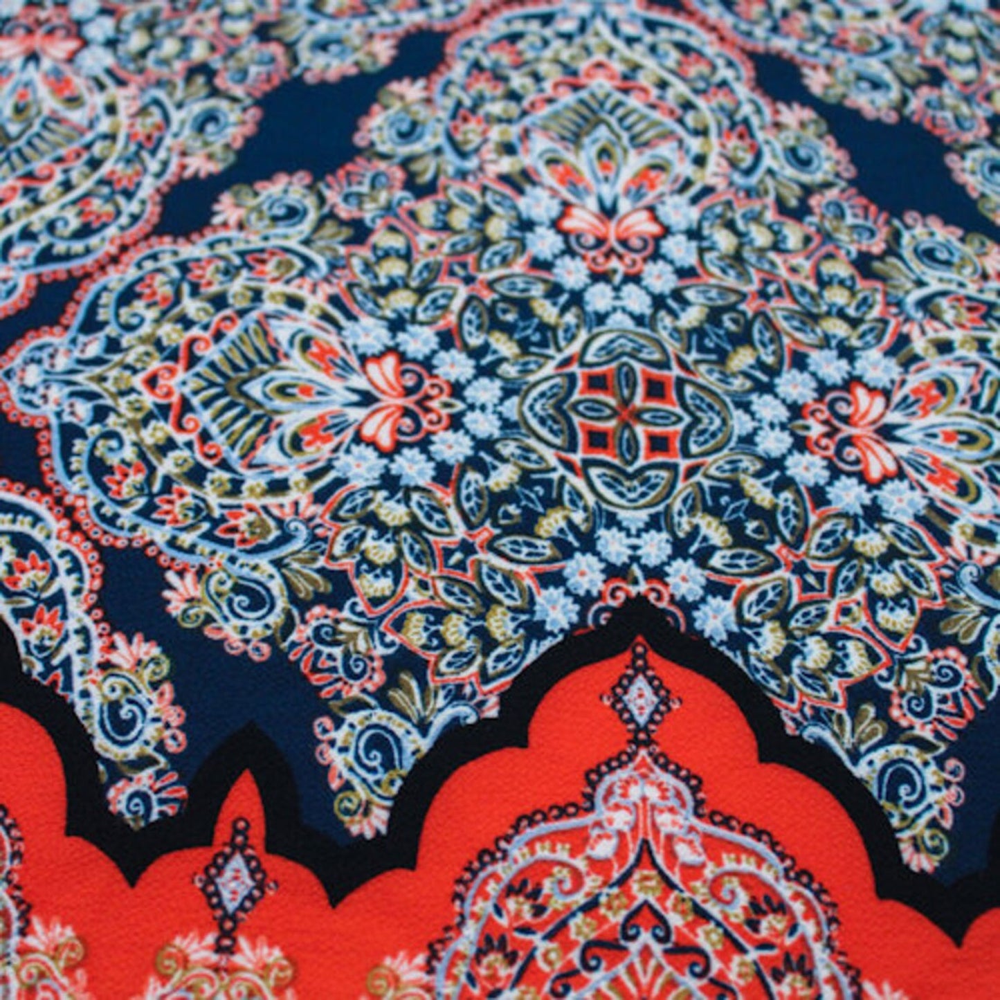 PD-142-586-INDIGO-TERRACOTTA - DOUBLE BORDER CREPE CHIFFON 97% POLY 3% SPANDEX