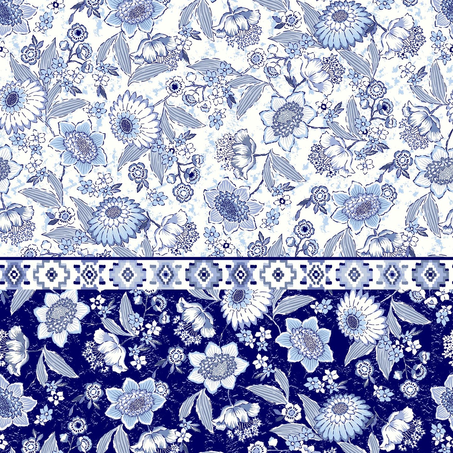 PD-310-586-OFFWHITE-BLUE - DOUBLE BORDER CREPE CHIFFON 97% POLY 3% SPANDEX