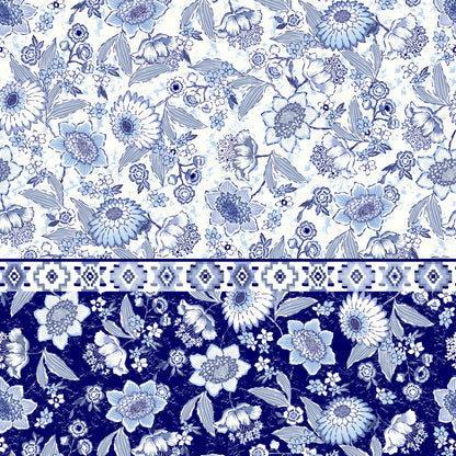 PD-310-586-OFFWHITE-BLUE - DOUBLE BORDER CREPE CHIFFON 97% POLY 3% SPANDEX