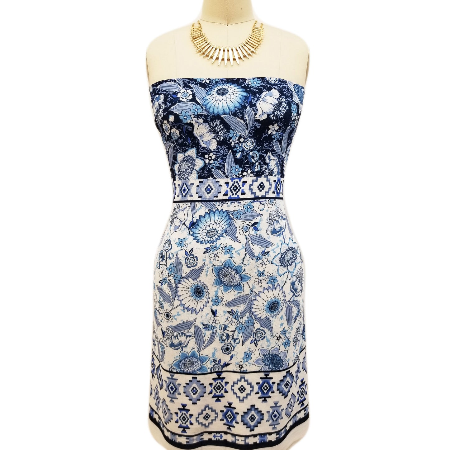 PD-310-586-OFFWHITE-BLUE - DOUBLE BORDER CREPE CHIFFON 97% POLY 3% SPANDEX