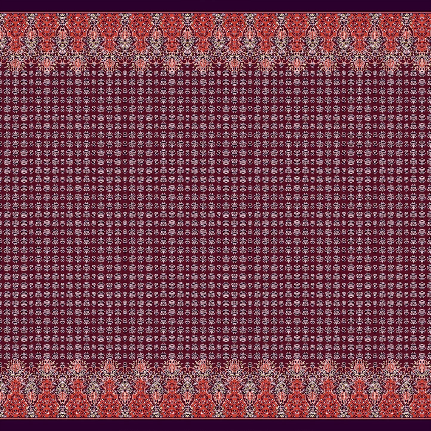 PD-390-586-RED-BROWN-ORANGE - DOUBLE BORDER. CREPE CHIFFON 97% POLY 3% SPANDEX