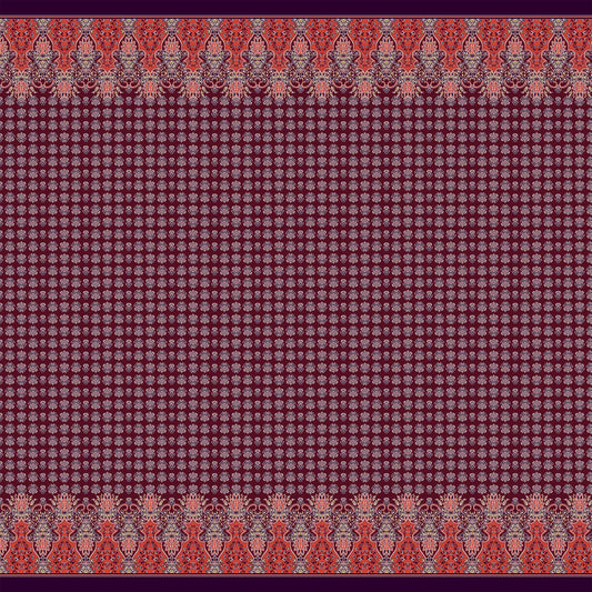 PD-390-586-RED-BROWN-ORANGE - DOUBLE BORDER. CREPE CHIFFON 97% POLY 3% SPANDEX