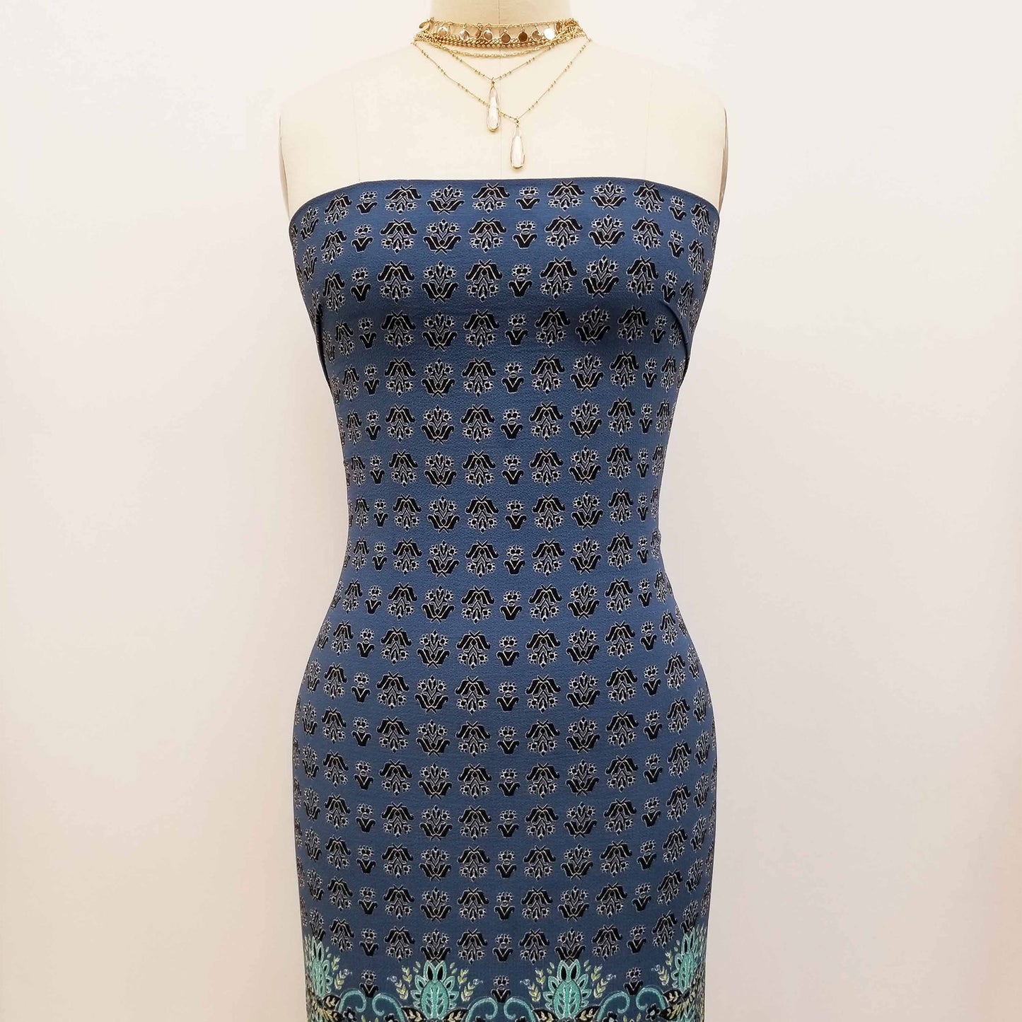 PD-390-586-TEAL-DENIM-TURQUOISE - DOUBLE BORDER. CREPE CHIFFON 97% POLY 3% SPANDEX