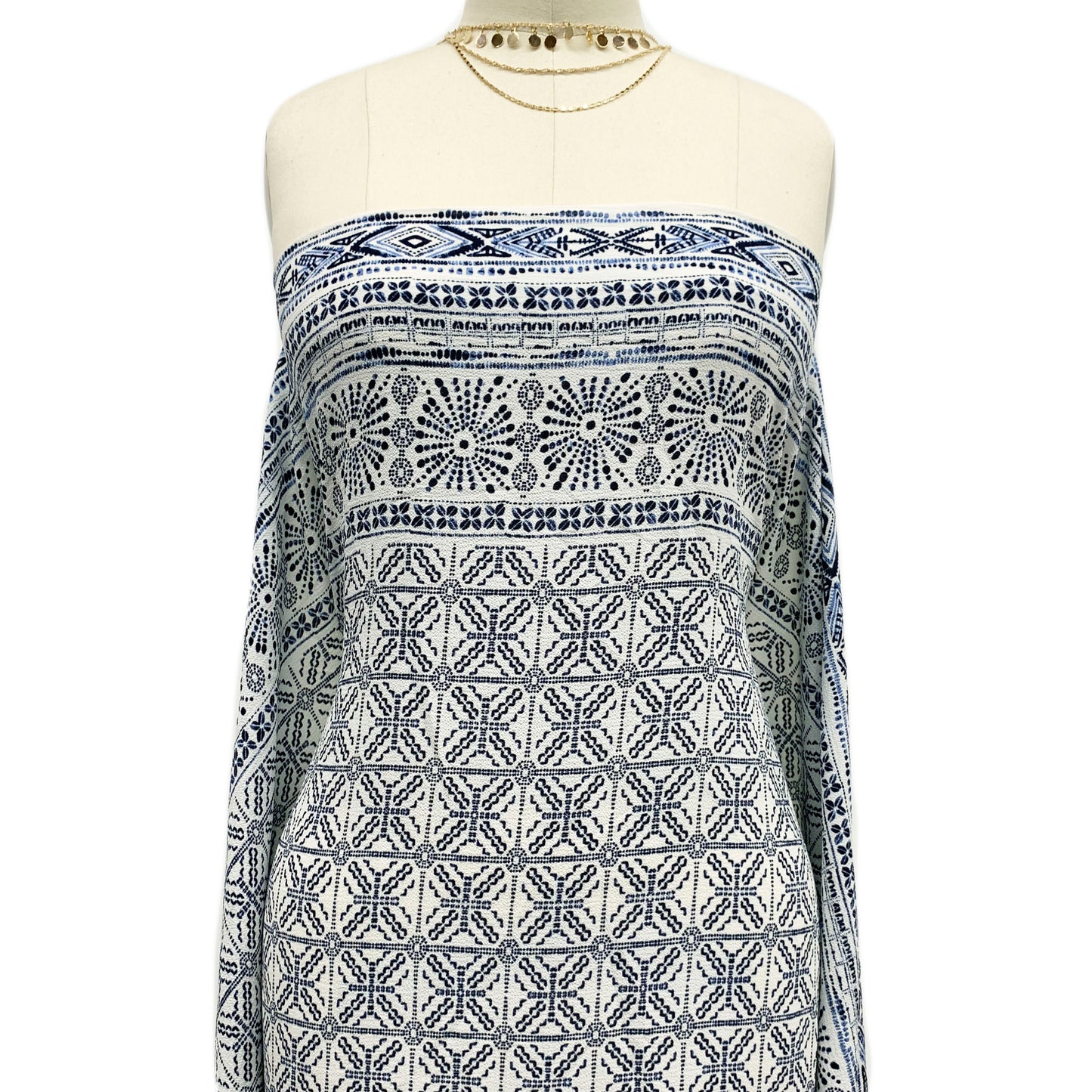 PD-58-586-OFFWHITE-DENIM - DOUBLE BORDER CREPE CHIFFON 97% POLY 3% SPANDEX