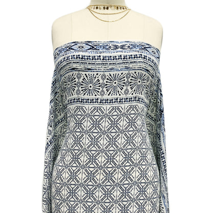 PD-58-586-OFFWHITE-DENIM - DOUBLE BORDER CREPE CHIFFON 97% POLY 3% SPANDEX