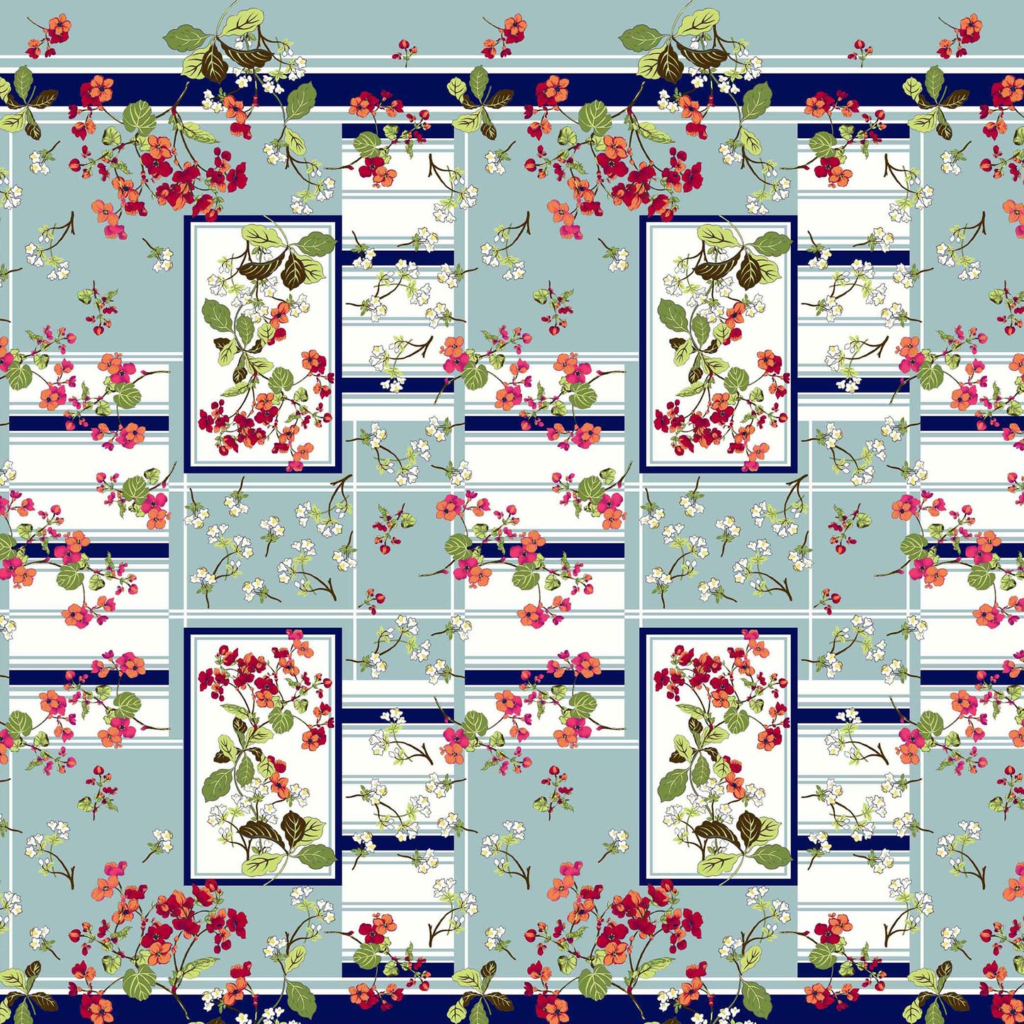 PD-693-586-MINERAL-BLUE-RED - DOUBLE BORDER. CREPE CHIFFON 97% POLY 3% SPANDEX