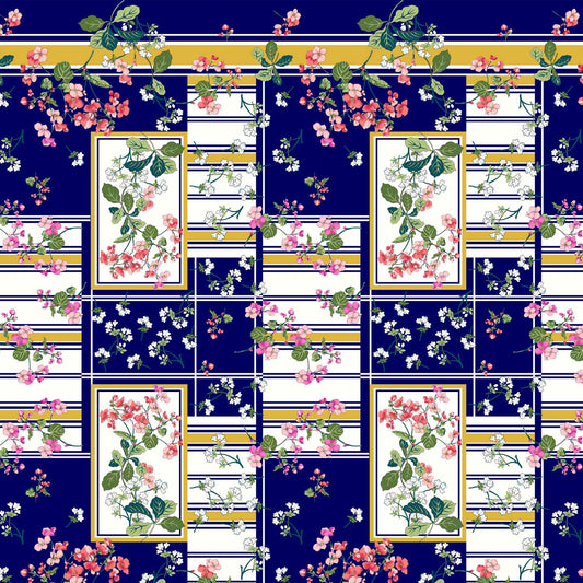 PD-693-586-NAVY-CORAL - DOUBLE BORDER. CREPE CHIFFON 97% POLY 3% SPANDEX