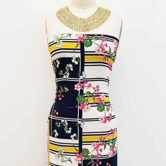 PD-693-586-NAVY-CORAL - DOUBLE BORDER. CREPE CHIFFON 97% POLY 3% SPANDEX