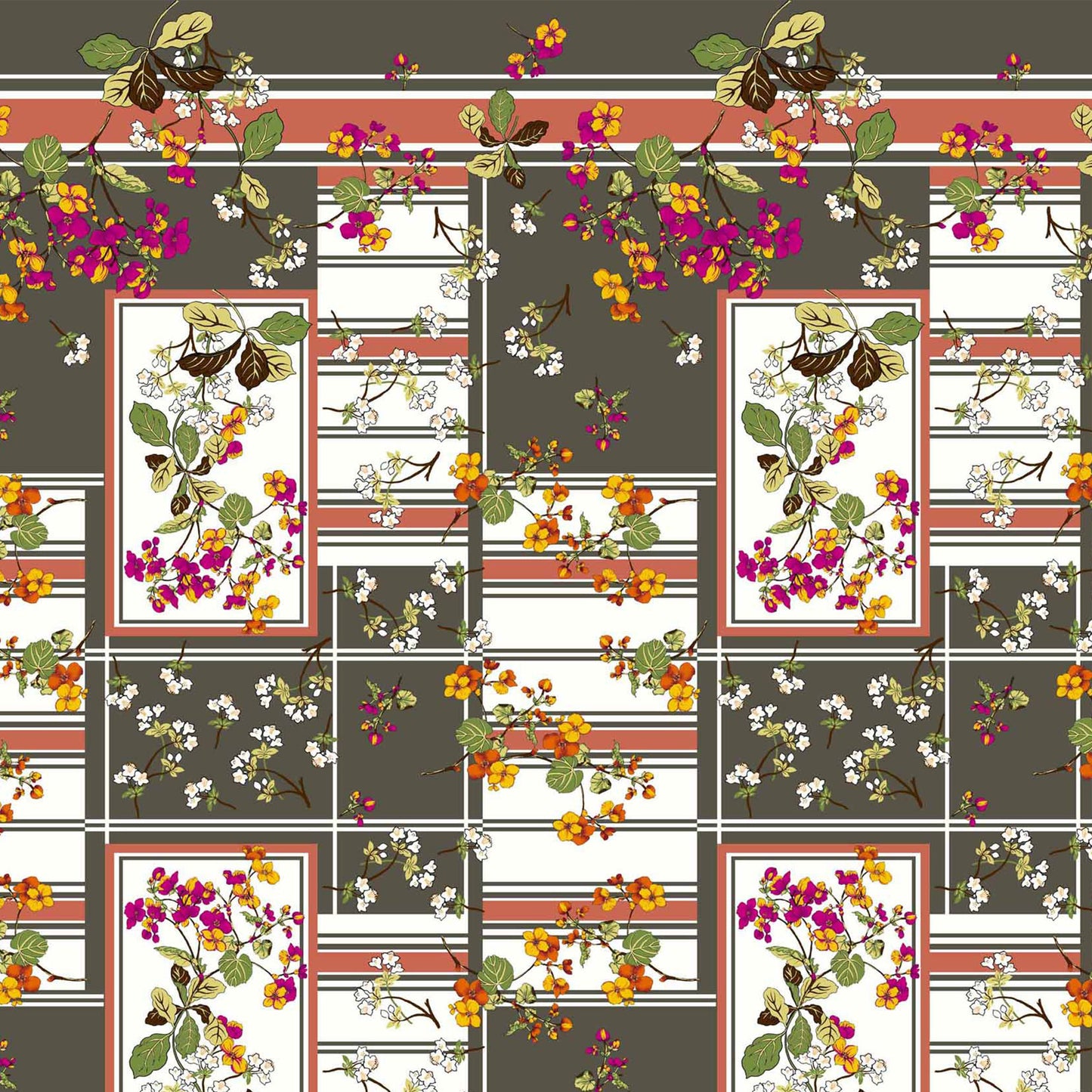 PD-693-586-OLIVE-FUCHSIA - DOUBLE BORDER. CREPE CHIFFON 97% POLY 3% SPANDEX