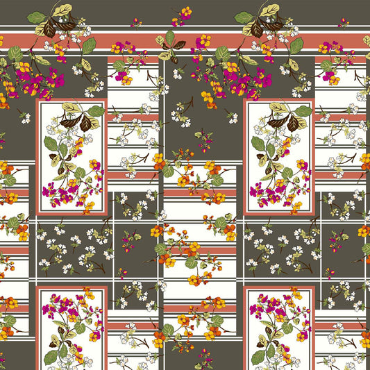 PD-693-586-OLIVE-FUCHSIA - DOUBLE BORDER. CREPE CHIFFON 97% POLY 3% SPANDEX