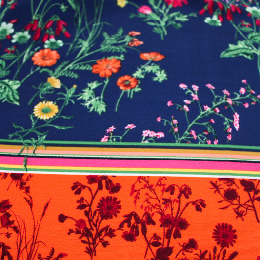 PD-707-586-NAVY-BURNT-ORANGE - DOUBLE BORDER CREPE CHIFFON 97% POLY 3% SPANDEX