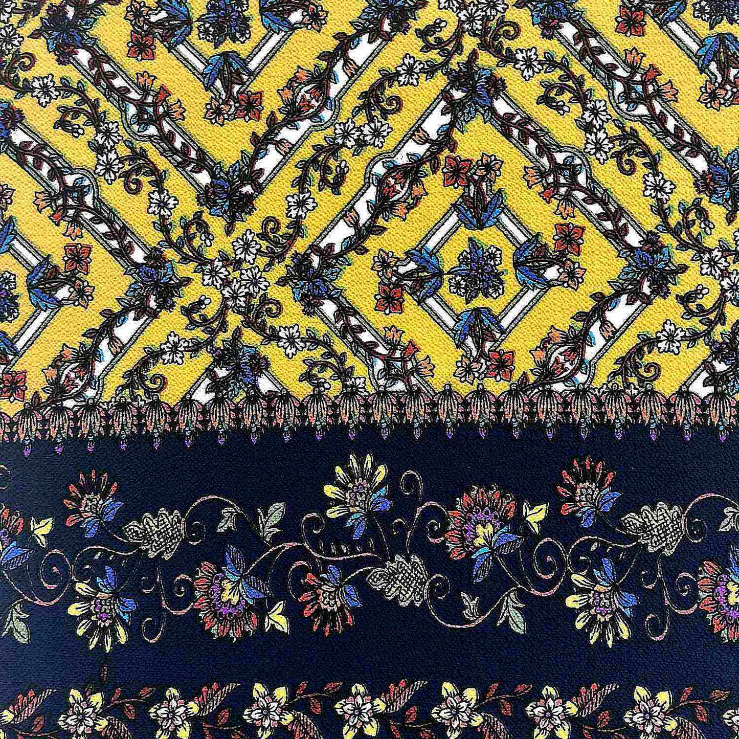 PD-711-586-GOLDEN-MUSTARD-NAVY - DOUBLE BORDER CREPE CHIFFON 97% POLY 3% SPANDEX