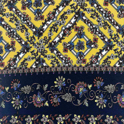 PD-711-586-GOLDEN-MUSTARD-NAVY - DOUBLE BORDER CREPE CHIFFON 97% POLY 3% SPANDEX