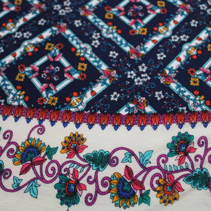 PD-711-586-NAVY-ECRU - DOUBLE BORDER CREPE CHIFFON 97% POLY 3% SPANDEX