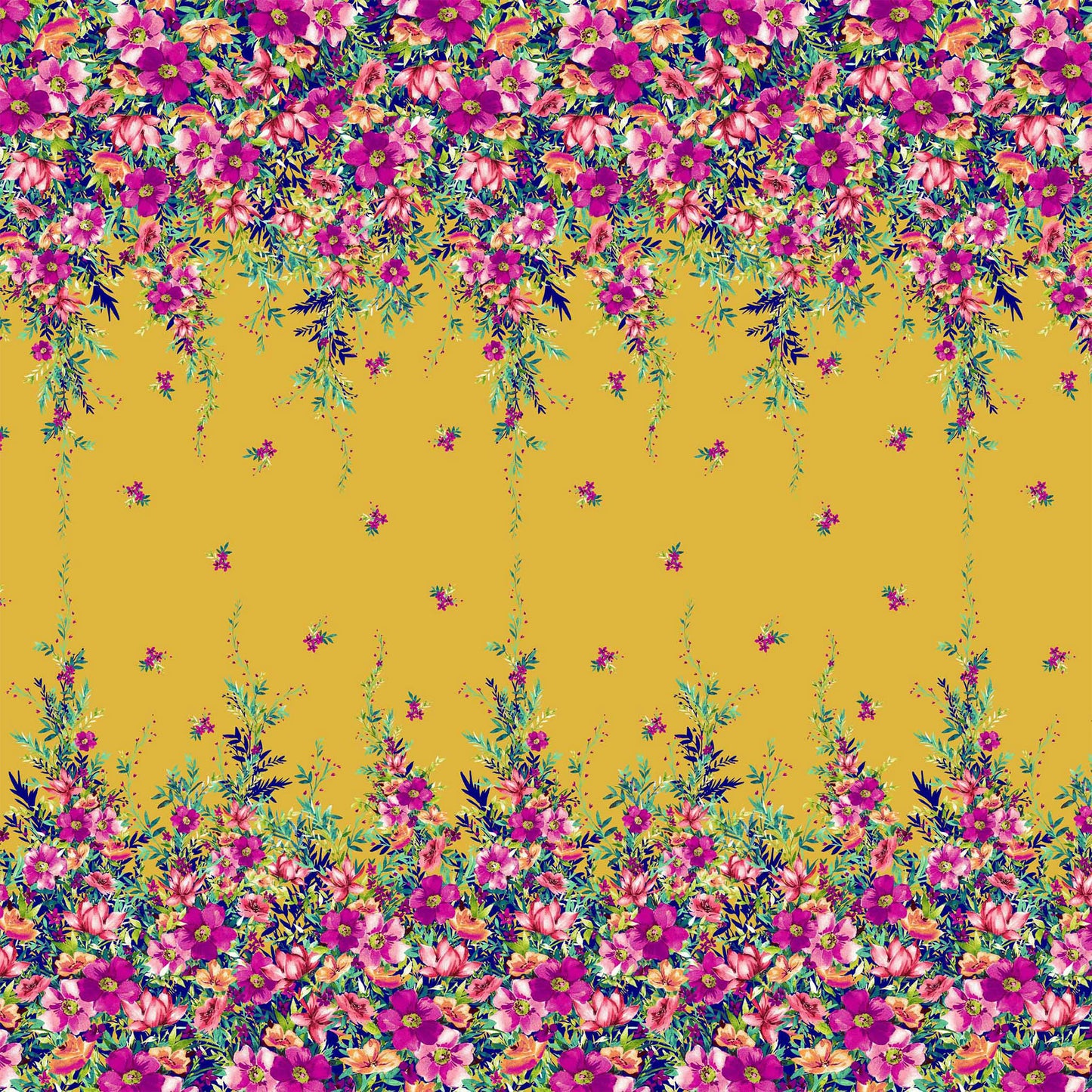 PD-743-586-GOLDEN-MUSTARD-CORAL - DOUBLE BORDER. CREPE CHIFFON 97% POLY 3% SPANDEX