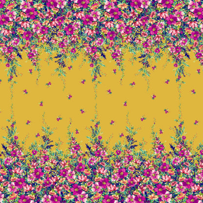 PD-743-586-GOLDEN-MUSTARD-CORAL - DOUBLE BORDER. CREPE CHIFFON 97% POLY 3% SPANDEX