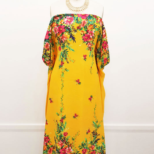 PD-743-586-GOLDEN-MUSTARD-CORAL - DOUBLE BORDER. CREPE CHIFFON 97% POLY 3% SPANDEX