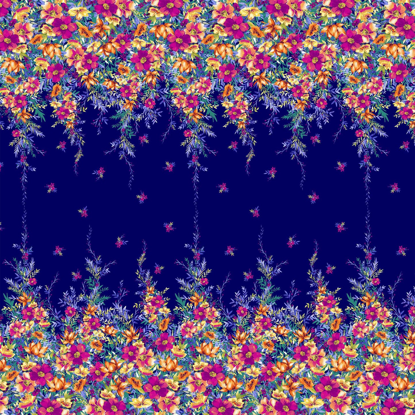 PD-743-586-NAVY-TANGERINE - DOUBLE BORDER. CREPE CHIFFON 97% POLY 3% SPANDEX