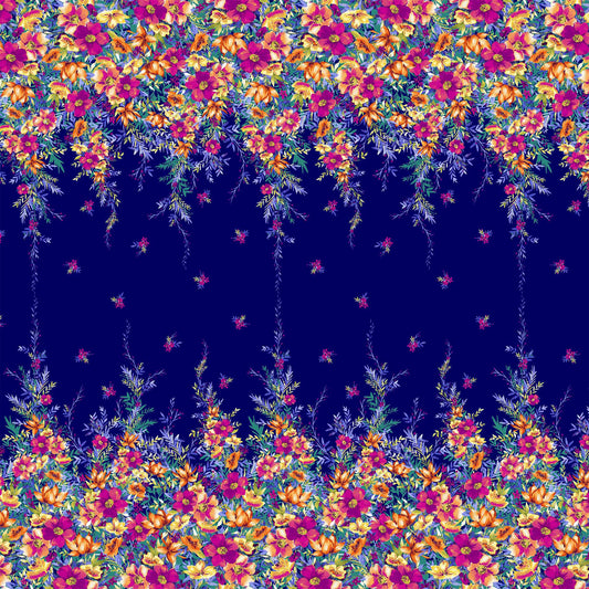 PD-743-586-NAVY-TANGERINE - DOUBLE BORDER. CREPE CHIFFON 97% POLY 3% SPANDEX